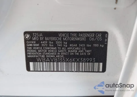 2006 BMW 325I z USA, uszkodzony, nr VIN WBAVB135X6KX38993